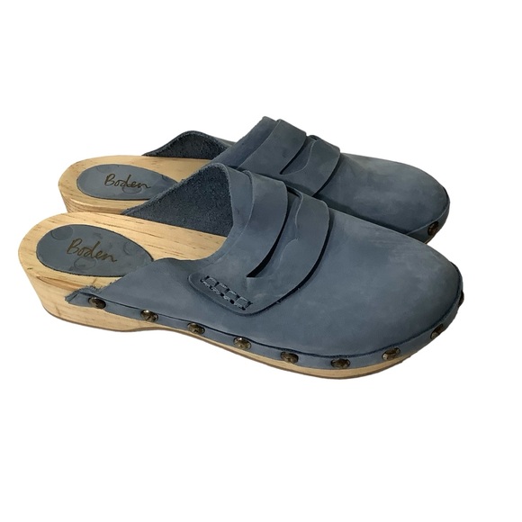 Boden Leather Suede Wooden Studded Heeled Clogs Light Blue - Picture 1 of 6